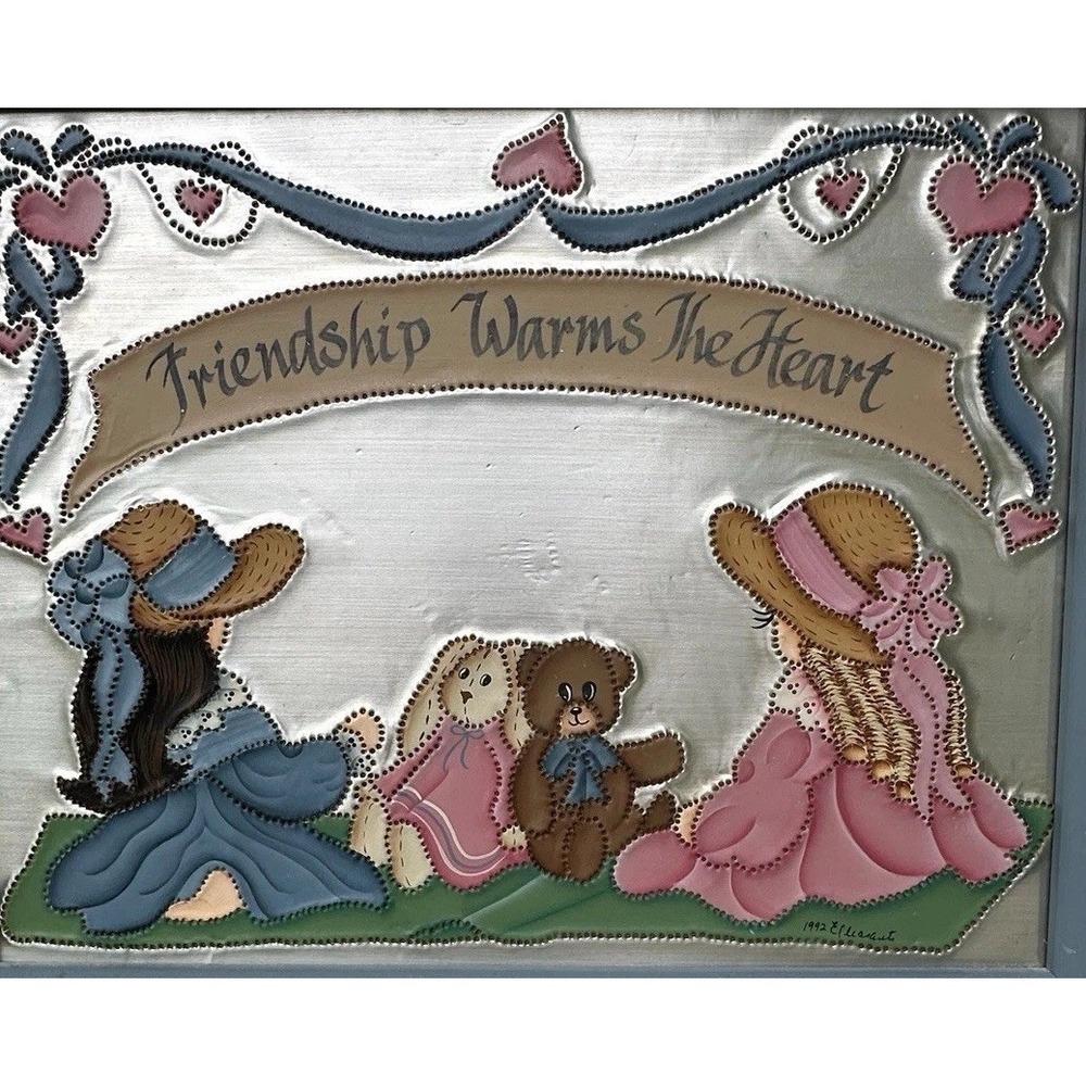 Vintage 1992 Hand Painted Tin Punched Girls Rabbit Bear Picture Signed Framed - Picture 3 of 14